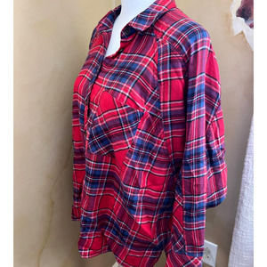 BDG Oversize Red Flannel Plaid Shirt Blue High Low Tunic Blouse Size XS TP